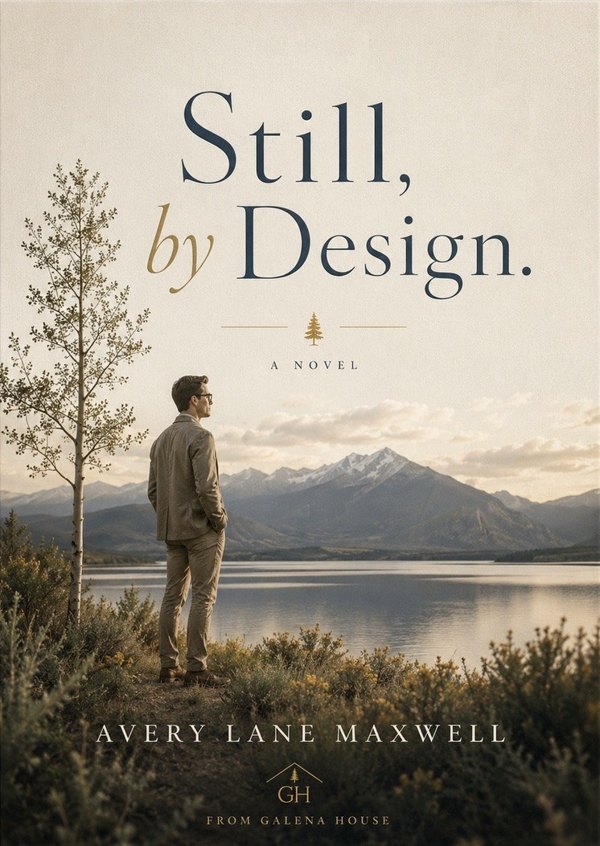 The cover of Still, by Design., a novel by Avery Lane Maxwell: a man standing at the edge of a mountain lake, a young fir beside him.